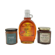 Maple Syrup in 12 oz bottle, Apple Butter in 12 oz jar, Whipped Honey with Cinnamon in 9 oz jar