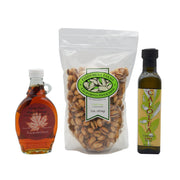 Cinnamon Infused Maple Syrup 8 oz. bottle, Chili Lime Pistachios 1 lb. bag, Garlic Olive Oil 250 ml bottle