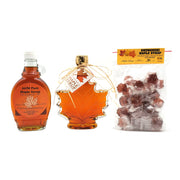9 oz maple leaf glass bottle of pure maple syrup, 8 oz glass bottle of wild orange infused maple syrup, 30 piece bag of maple drops 